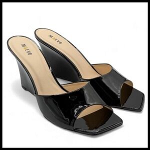 Maeve Anthropologie‎ Black Patent Leather Square Toe Wedge Mule Heels 10